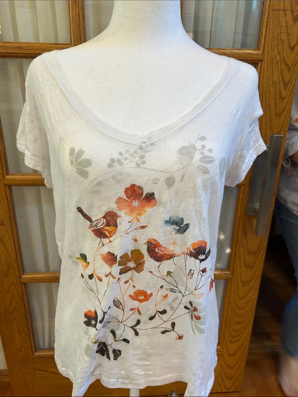 Women's White V-Neck Floral & Bird Print Tee